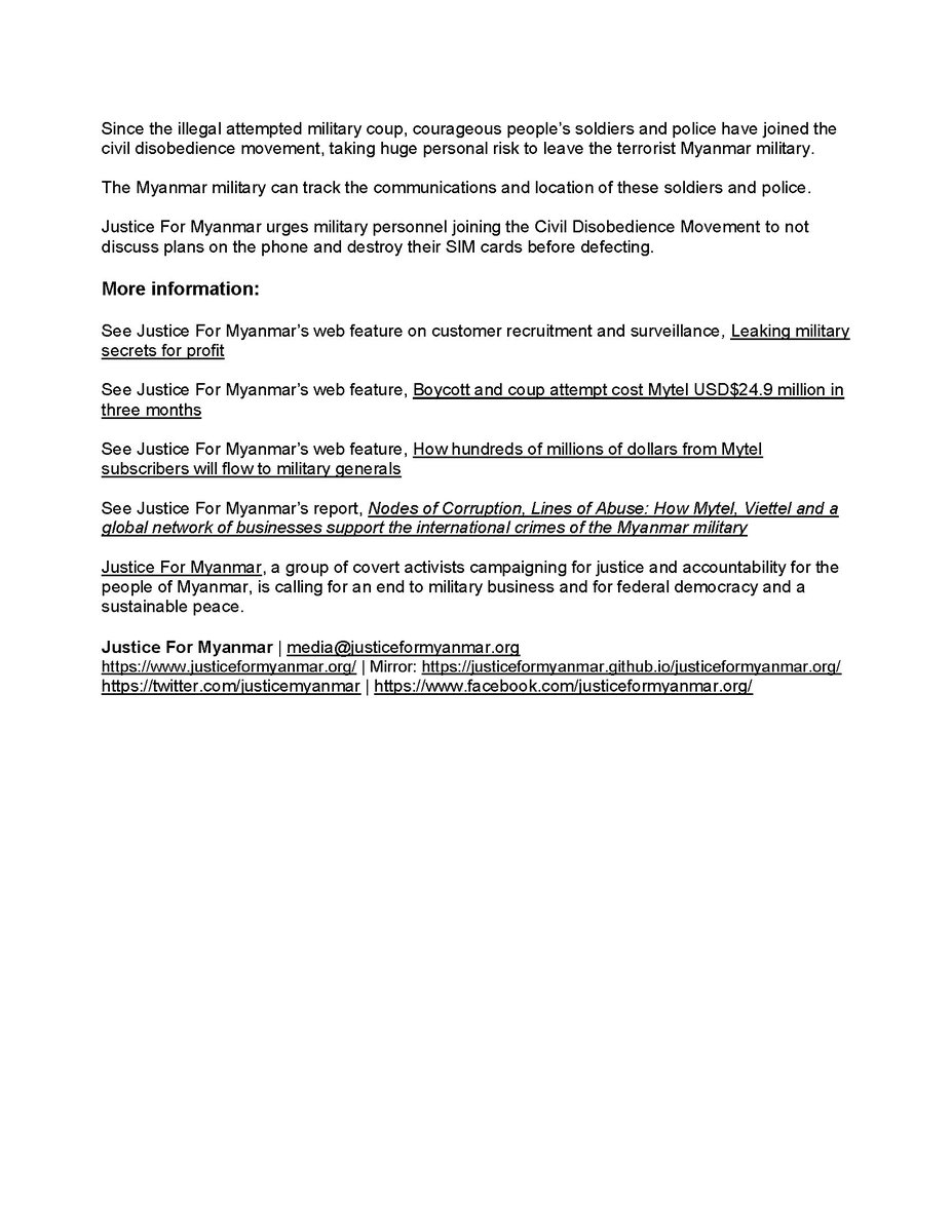 Press Release📣#SanctionMytel for complicity in #Myanmar military crimes! Mytel aggressively recruited members of military through campaign in which Mytel staff worked w/ base commanders to sign up military personnel.

PR: bit.ly/3mN8E5Y
Feature: bit.ly/3mJ89tk