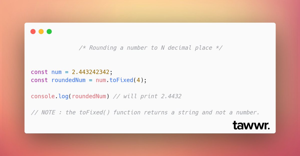 joinTawwr's tweet photo. ⚠️ JavaScript Tip

Simple way to round a number to N decimal place

#daily_tips #tawwr_tips #tawwr_coding_school #javascript #tips_everyday https://t.co/jSy4C10Uxe