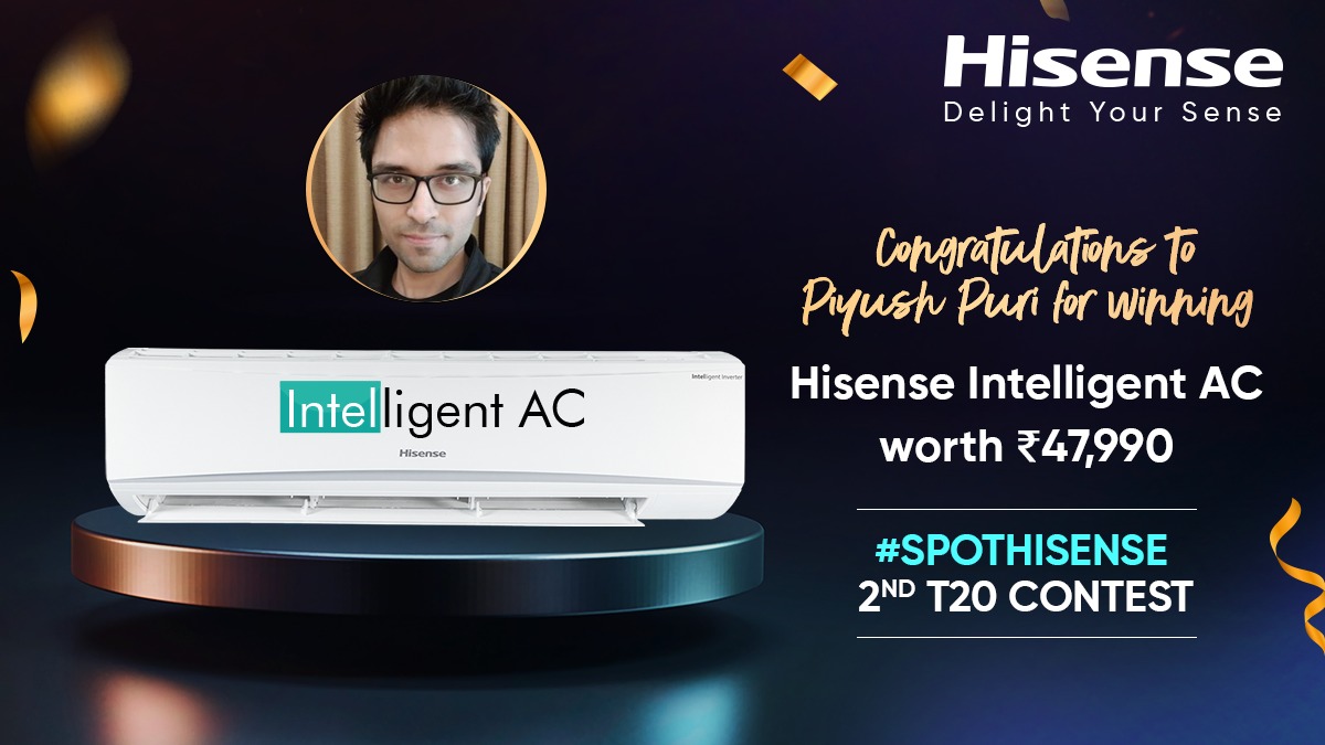 Hisense_IND's tweet photo. Here's our #SpotHisense Contest Winner from the 2nd T20 match.
Congratulations to @piyushpuri12 on winning the Hisense Intelligent AC!
Participate in the next 3 matches to be the next lucky winner!
#Hisense #HisenseIndia #IntelligentAC #HisenseWinner https://t.co/GpWQZpoZTD