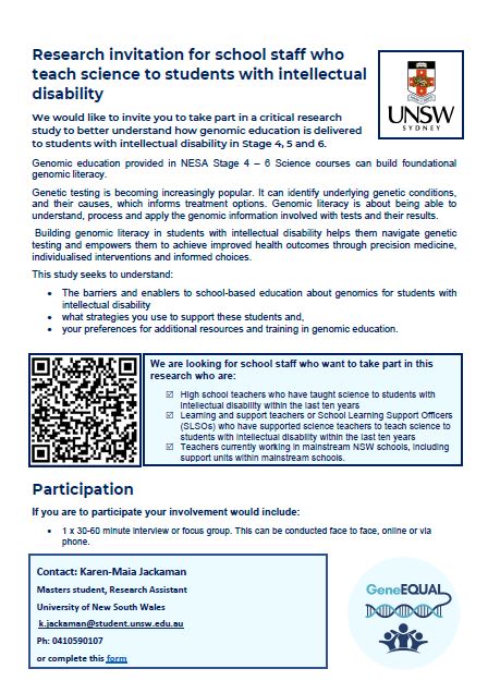 IvaStrnadova's tweet image. Are you a science teacher working with students with intellectual disability? We would love you to take part in this research about genomic literacy. geneequal.com/recruitment #studentswithdisability #STANSW

#scienceeducation @STANSW @bronwynterrill @emmagenetics @LaurenMcKn1ght