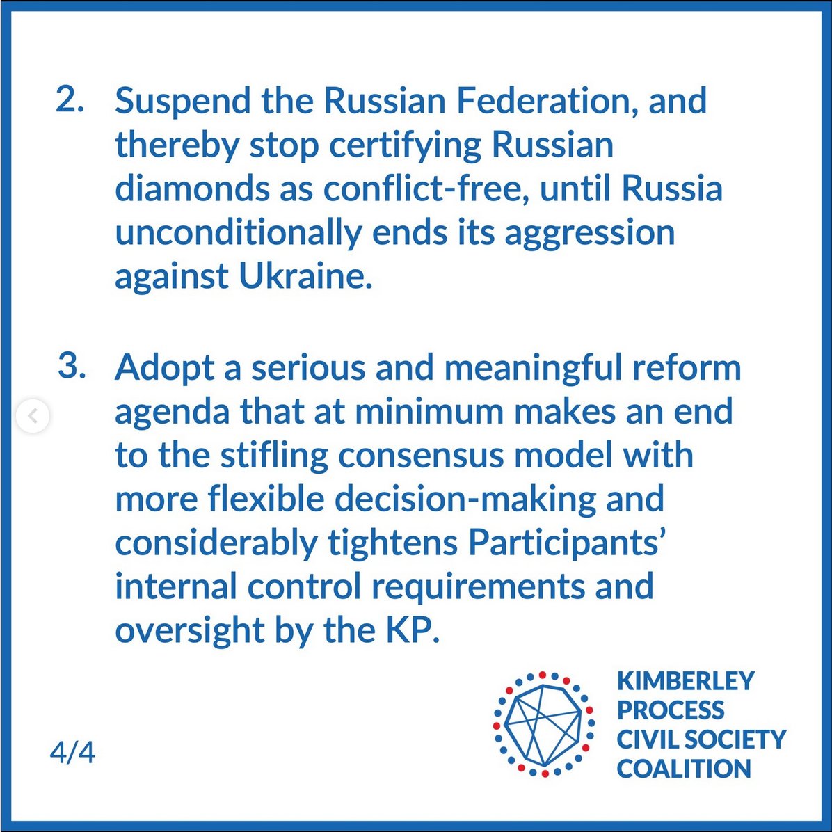 hansmerket's tweet photo. #KimberleyProcess being unable to even discuss whether it should keep certifying Russian diamonds as conflict-free, proves world’s #conflictdiamonds scheme is no longer fit for purpose.

Read @KPCivilSociety1 call to upcoming KP #Botswana meeting here 👉 https://t.co/q3KMDYE6xA https://t.co/1wuQvKRV6C