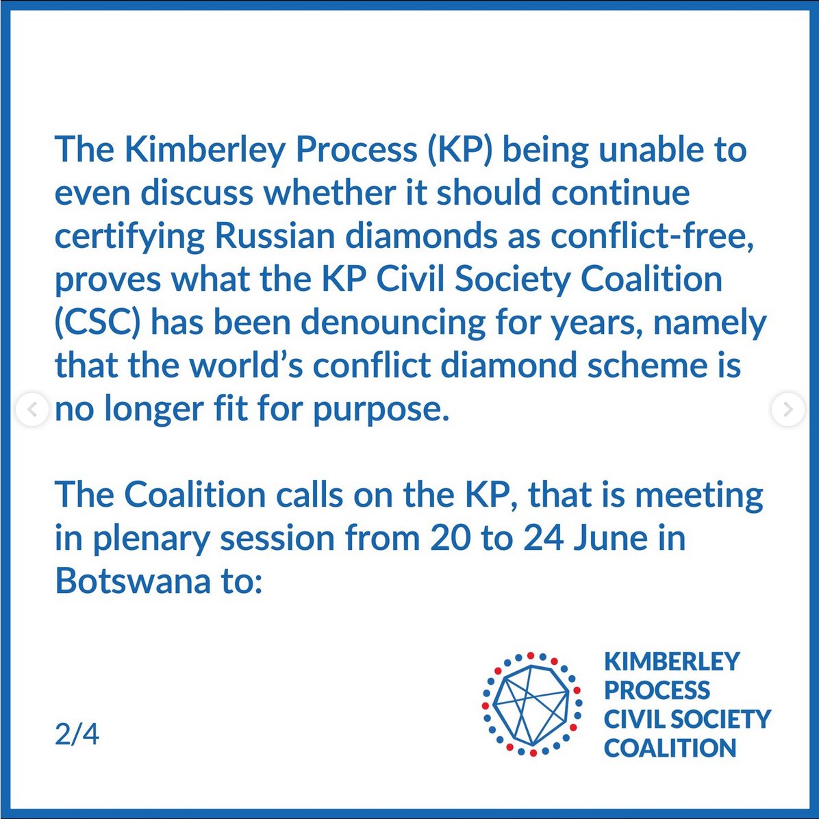hansmerket's tweet photo. #KimberleyProcess being unable to even discuss whether it should keep certifying Russian diamonds as conflict-free, proves world’s #conflictdiamonds scheme is no longer fit for purpose.

Read @KPCivilSociety1 call to upcoming KP #Botswana meeting here 👉 https://t.co/q3KMDYE6xA https://t.co/1wuQvKRV6C