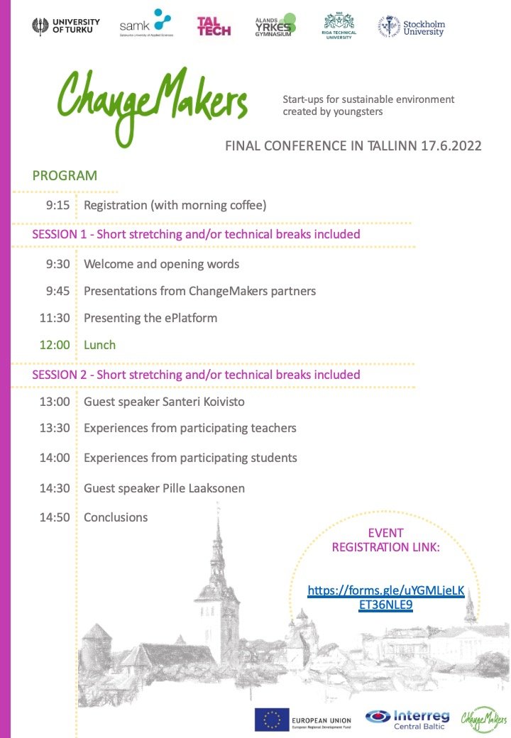 #CBChangeMakers <a href="/CentralBaltic/">Central Baltic</a> project is having Final Conference 16-17.6.22,Tallinn. Come to listen our speakers <a href="/Aalvisto/">Santeri Koivisto</a> and Pille Laaksonen! To join online 17.6 register via: forms.gle/uYGMLjeLKET36N…. #cbresults @SatakunnanAMK <a href="/RTU_LV/">RTU</a> <a href="/UniTurku/">Turun yliopisto - University of Turku</a>  <a href="/TallinnTech/">TalTech - Tallinn University of Technology</a> <a href="/stockholm_uni/">Stockholm University</a>