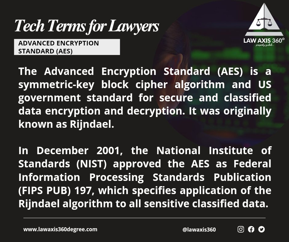 LawAxis360's tweet photo. This week on Tech Terms for Lawyers, we will be looking at the phrase Advanced Encryption Standard.

See Flyer for meaning

#lawyerstyle #technology #appsecurity #cybersecurity #cybersecurityawareness #technicalanalysis #techtrends  #lawyering #legaltech20 #techtwitter https://t.co/xKyD92j0OG