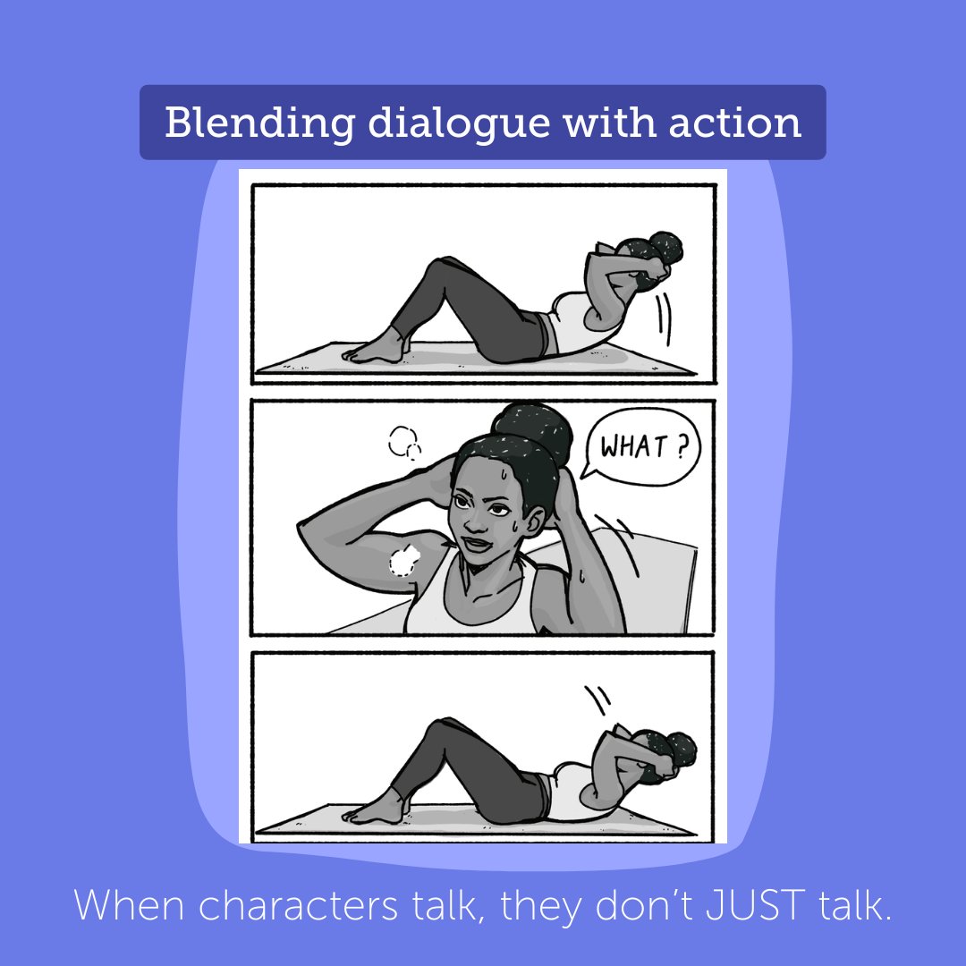 WritelikeOrg's tweet photo. Another illustration, this one about blending dialogue with action. (Example snippet comes from Mango Delight by @fracaswellhyman) 
https://t.co/t2xkhtuhQ0 https://t.co/iOMk6Uy7fC