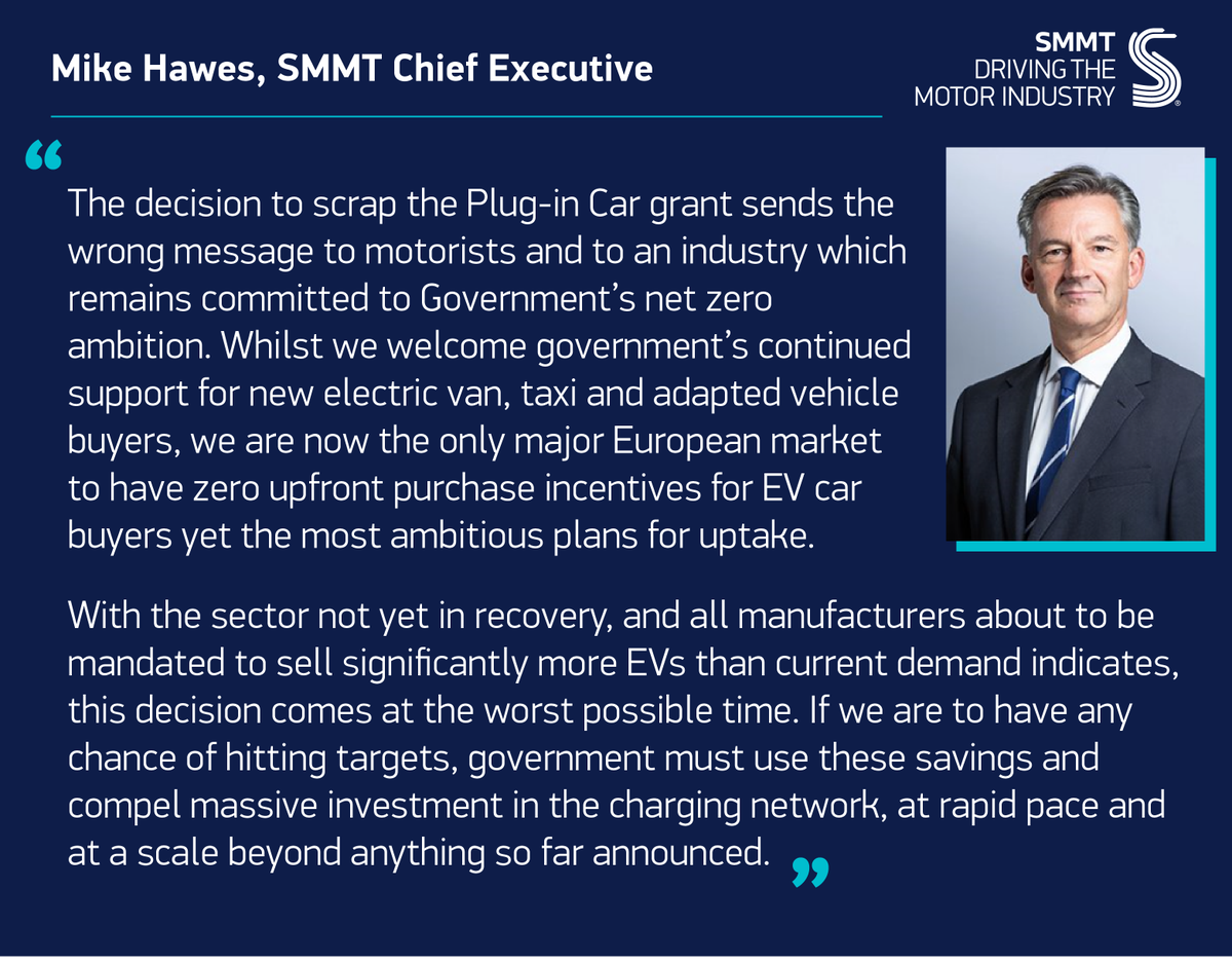 SMMT's tweet image. "The decision to scrap the Plug-in Car grant sends the wrong message to motorists and to an industry which remains committed to Government’s net zero ambition"

@MikeHawesSMMT comments on the government's decision to end the plug-in car grant