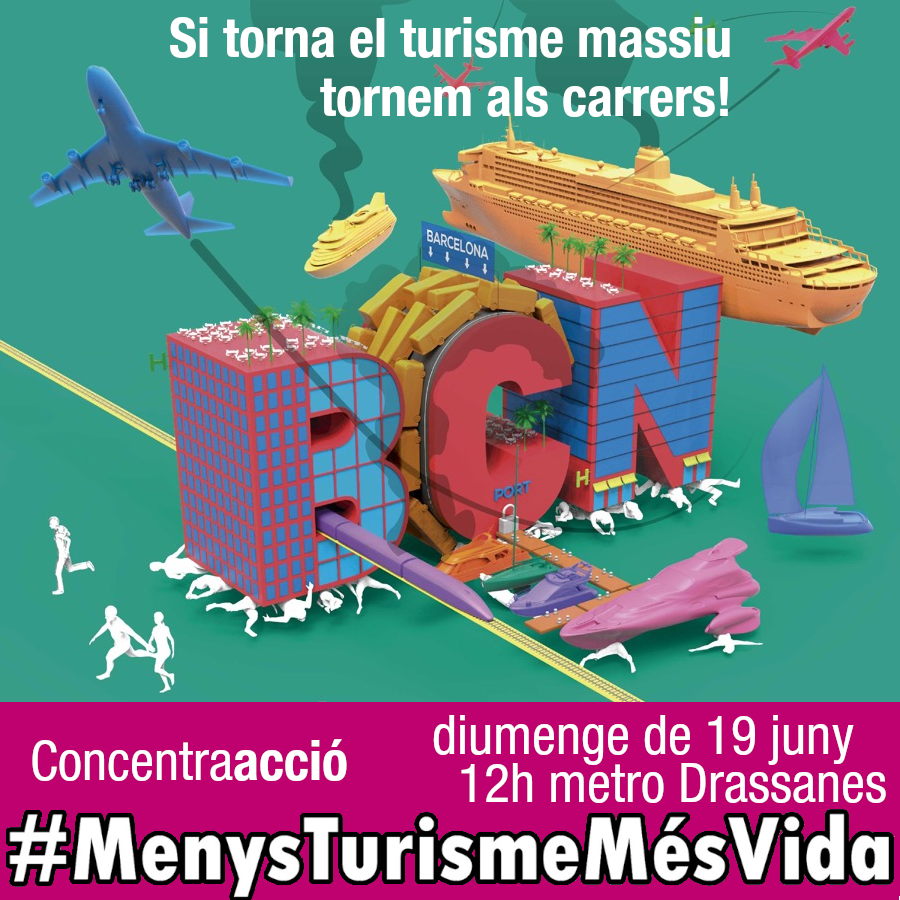 #CONCENTRACIÓ #19J
Des de la <a href="/xarxaclimatica/">Xarxa per la Justícia Climàtica</a> ens sumem a la concentració contra el turisme massiu d'aquest diumenge. Aturem aquesta indústria extractivista insostenible i injusta!.
🗓 Diumenge 19 de juny - 12 hores
📌<M> Drassanes
#MenysTurismeMésVida #TornemAlsCarrers 🙌🌍!