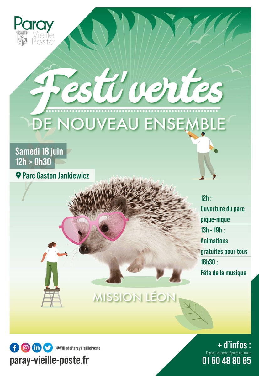 Cette année, pour les Festi'vertes, vous partirez à la recherche des épines de Léon le hérisson dans le parc Gaston Jankiewcz ! 
Et dès 18h30 retrouvez les événements musicaux des élèves et professeurs des Enseignements Artistiques.
Programme complet : bit.ly/3O0qY72