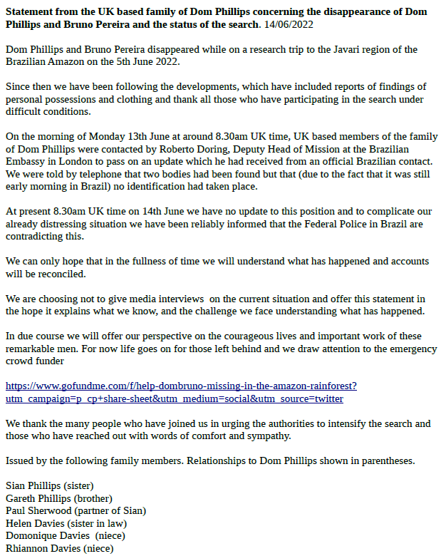 UK based family of Dom Phillips have issued the following: