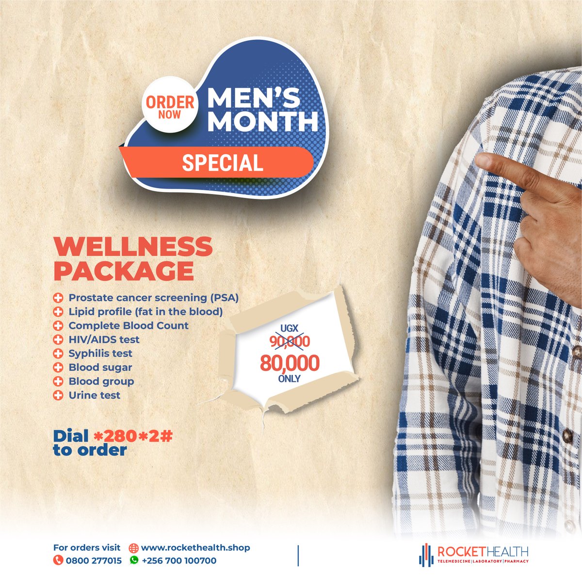 RocketHealthUG's tweet photo. Unlock a healthy lifestyle for yourself or that significant man in your life this #MensHealthMonth! 

Get the men's wellness package with essential tests done from the comfort of your home. 

To order, simply dial *280*2# or click https://t.co/24VGr7yqK2 https://t.co/ffXUZFFZxz