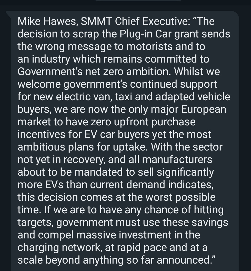 Petercampbell1's tweet image. SMMT boss @MikeHawesSMMT warns killing the Plug-in Car Grant "sends the wrong message" to consumers.

He says it comes "at the worst possible time" given new China-style ZEV sales mandates are due to come in.