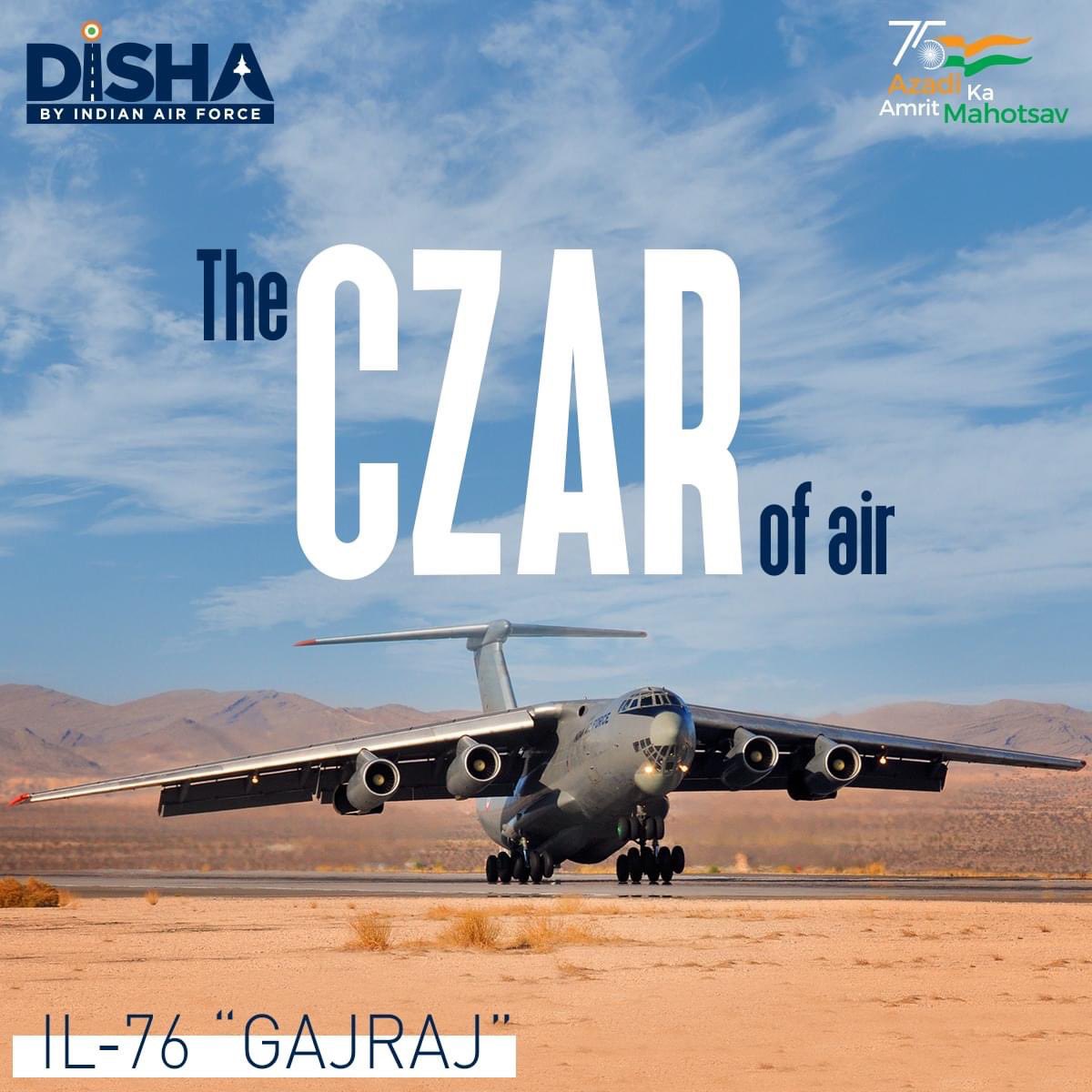 CareerinIAF's tweet photo. Dubbed as “Gajraj”, IL-76 is a four-engine, multi-purpose, turbofan strategic airlifter & military-transport aircraft. The aircraft can deliver heavy machinery to remote areas, carry tanks, artillery and is utilised for HADR Operations.
#IAF #KnowtheIAF #DISHAbyIndianAirForce https://t.co/CDkT4mwsRO