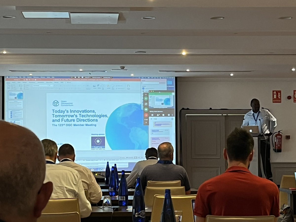 OGC_CarolineR's tweet photo. Starting in a few minutes … Todays Innovations, Tomorrows Technologies, Future Directions by Dr Gobe Hobona. #OGC123MM #OGCMM123 #FAIRprinciples @opengeospatial https://t.co/Z6BzIouvq7