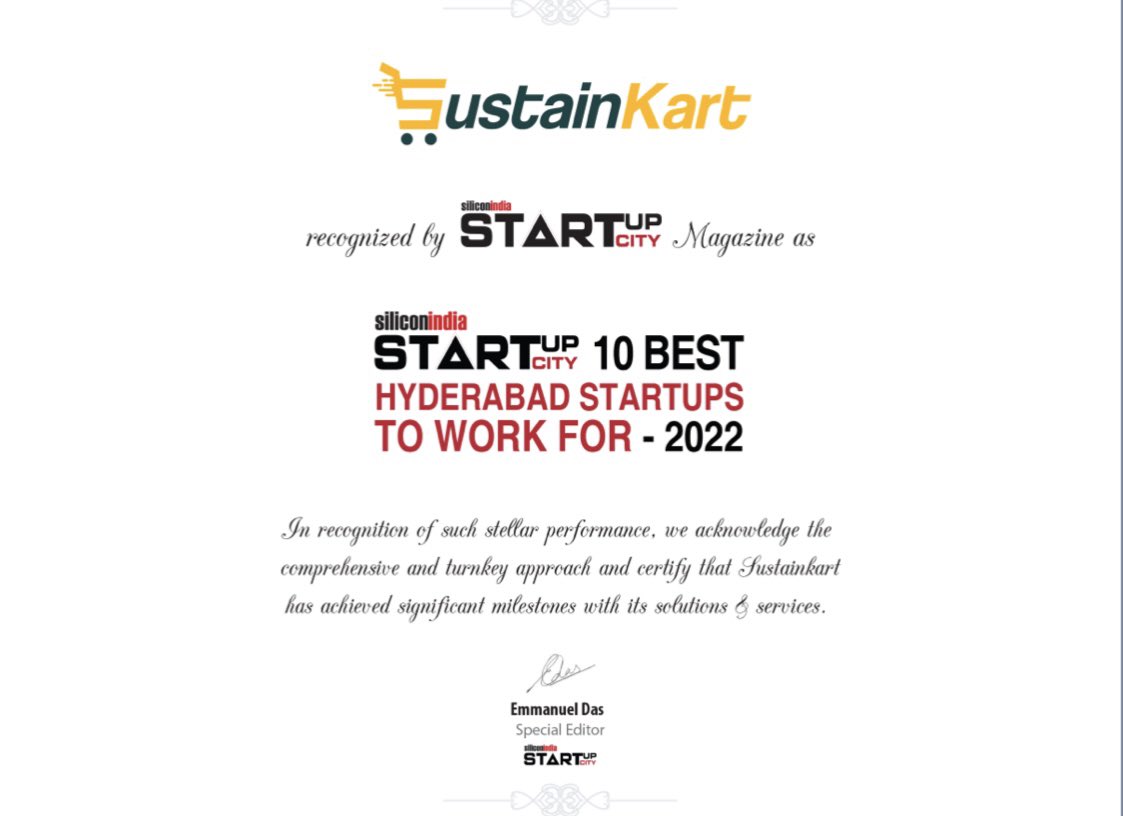 🥇🥇 We are now recognised 🥇🥇 TOP 10 Start-Ups to Work For - 2022 We at @SustainKartofcl believe in building Human Capital and not Human Resources in the journey of nourturing our idea! - Shilpa Reddy & Kanthi Dutt Founders #sustainkart #award #recognision #founders