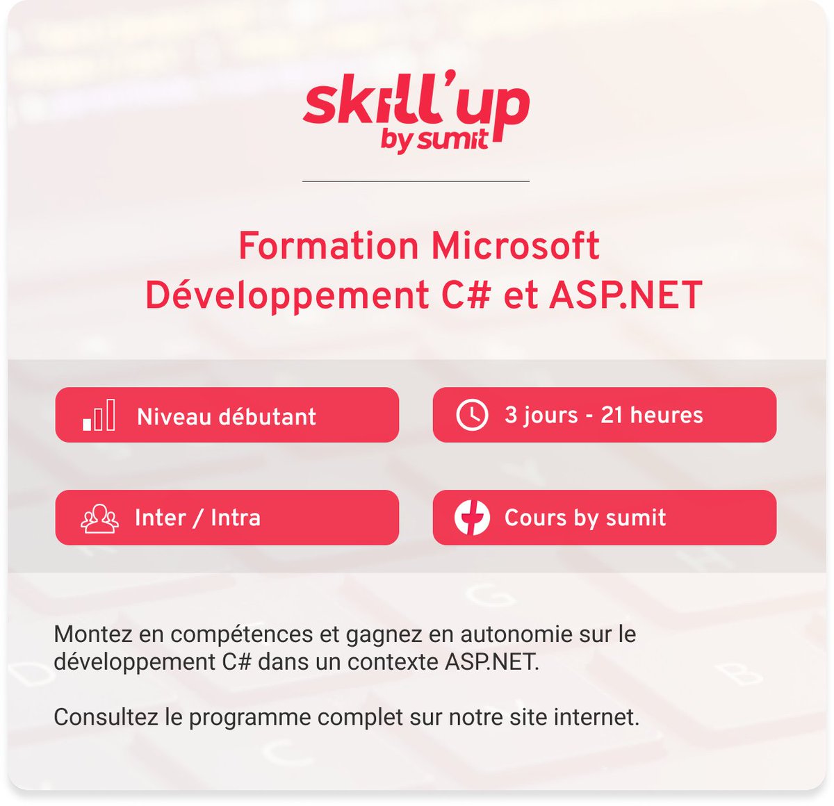 🔥 Passez à l’action et formez vos équipes en développement Microsoft avec skill’up by sumit !

Découvrez notre formation Microsoft Développement C# et ASP.NET ! Plus de détails ici 👉 sumit.fr/formation-2-2/…

#developpementweb #CSharp #aspnet #formationit