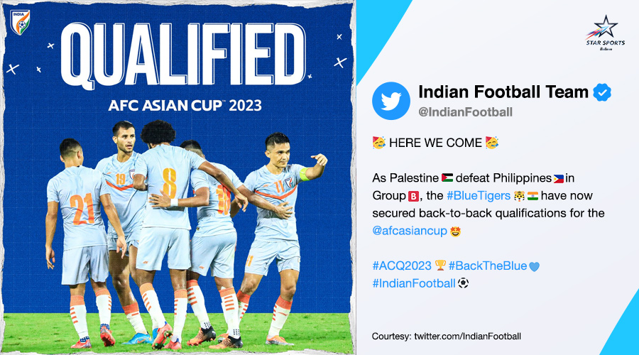 StarFootball's tweet photo. #AFC #AsianCup2023, here come roaring the #BlueTIgers! 🤩

Time to #BackTheBlue &amp; cheer for them as they aim to top their group in #AFCQ2023, tonight:

#INDHK | 8:30 PM | Star Sports 3/1 Bangla/Disney+Hotstar https://t.co/PwG5P1hnR4