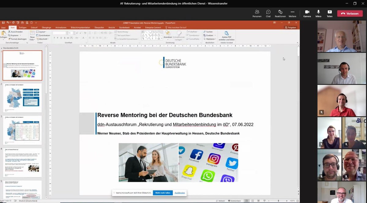 Next:Public (@next__public) on Twitter photo Spannender Input von <a href="/WernerNeumer/">Werner Neumer</a> zum Reverse Mentoring bei der Deutschen Bundesbank im AF "Rekrutierung und Mitarbeitendenbindung im öD" des <a href="/ddn_netzwerk/">Das Demographie Netzwerk e.V. (ddn)</a> letzte Woche. Neue Beschäftigte geben ihr Wissen über New Work, Digitalisierung, etc. an erfahrene Führungskräfte weiter. Spannender Input von <a href="/WernerNeumer/">Werner Neumer</a> zum Reverse Mentoring bei der Deutschen Bundesbank im AF "Rekrutierung und Mitarbeitendenbindung im öD" des <a href="/ddn_netzwerk/">Das Demographie Netzwerk e.V. (ddn)</a> letzte Woche. Neue Beschäftigte geben ihr Wissen über New Work, Digitalisierung, etc. an erfahrene Führungskräfte weiter.