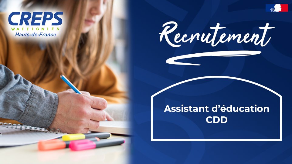 #RECRUTEMENT | 📚 Le #CREPSHDF est à la recherche de son/sa futur(e) Assistant(e) d'éducation en CDD.

#Job #Sport #TeamCREPSHDF #AssistantEducation
<a href="/PatGergS/">GERGES PATRICE</a> <a href="/LamblinPhilippe/">Philippe Lamblin</a> <a href="/HN_CREPS_59/">C.ODEYER</a>
 
Postulez ici ➡️ bit.ly/3lyKag9