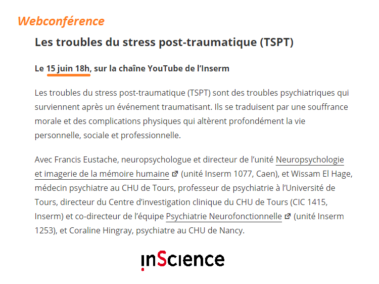 Inserm's tweet photo. #InScience2022
L'#inserm organise une #webconference sur les troubles du stress post-traumatique #TSPT
📅RDV demain, le 15/06, à 18h sur https://t.co/C3lHftHeCL
➕d'infos⤵️ https://t.co/ZfiwP4dFUb