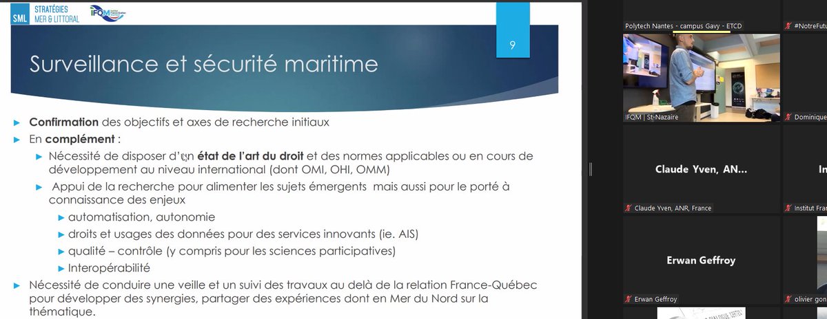 IFQMer's tweet photo. 🔴#NotreFuturIFQM recap J1: #arctique, cadre légal des #objetsautonomes, #algues, #IMTA #fluxlogistiques, rôle des #professionnels...Clément de #StratégieMer @EtLittoral dresse le bilan des priorités identifiées/confirmées sur les6⃣thèmes par +60 participants présents/en ligne https://t.co/42xxUpgmqx