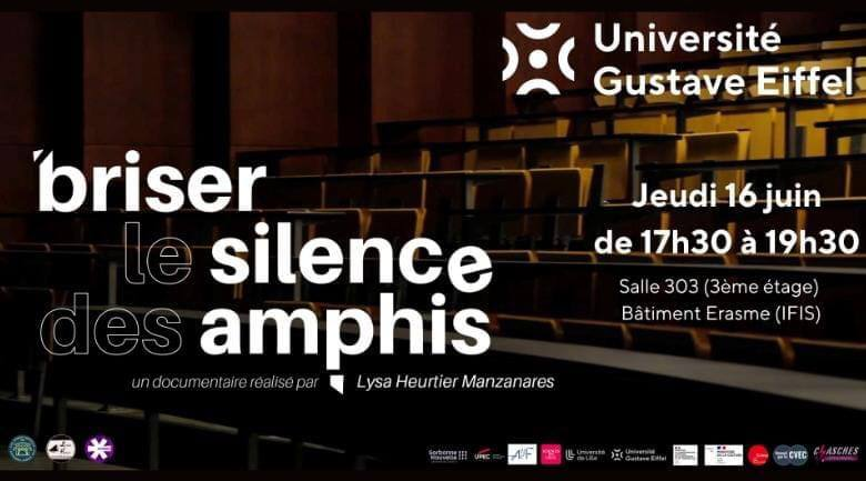 Master_IE_ILMS's tweet image. SAVE THE DATE!
Briser le silence des amphis, documentaire réalisé par Lysa Heurtrier Manzanares.
Jeudi 16 juin de 17h30 à 19h30 à l&apos;IFIS.

#formation #MasterILMS #universitegustaveeiffel @UGustaveEiffel