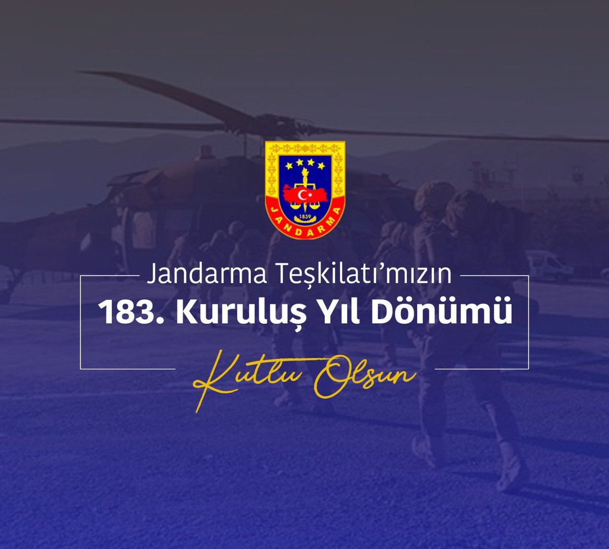 Üç asırda; cesaretle, fedakârca, gururla…

183 yıllık şanlı maziye sahip, milletimizin huzur ve güvenliği için fedakarca görev yapan <a href="/jandarma/">T.C. Jandarma Gn. K</a> Teşkilatı'nın kuruluş yıl dönümünü kutluyor, vatan uğruna canını feda eden aziz şehitlerimizi rahmet ve minnetle yâd ediyorum.