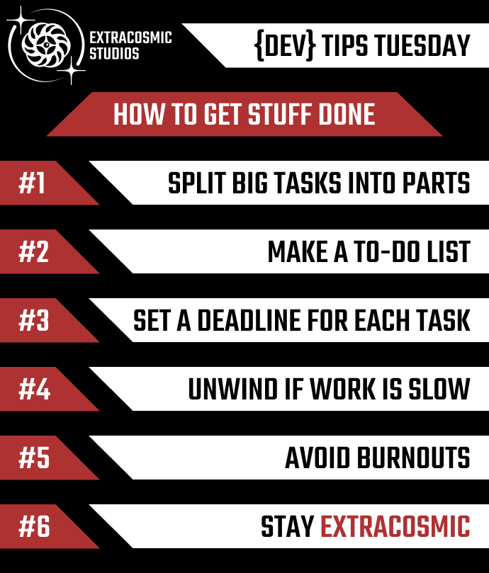 ExtracosmicS's tweet photo. #DevTipsTuesday

We hope that those tips would help you with keeping the discipline and motivation to finish your #indiegame soon enough 💪

And as always remember to keep things simple - better finished and simple than ingenious, complex, and full of bugs 🙌

#ExtraCosmicStudios https://t.co/HLPW2RTT0W