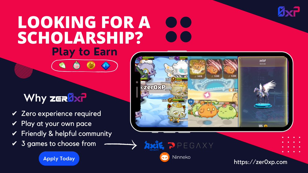 zer0xP_'s tweet photo. Looking for a #PlayToEarn Scholarship? We have spaces available for #AxieInfinity, #Pegaxy, and #Ninneko

Apply on our Discord today: https://t.co/gCTTGbhG6O

#P2E #nftgames #NFTGaming https://t.co/KscKqyYLhd