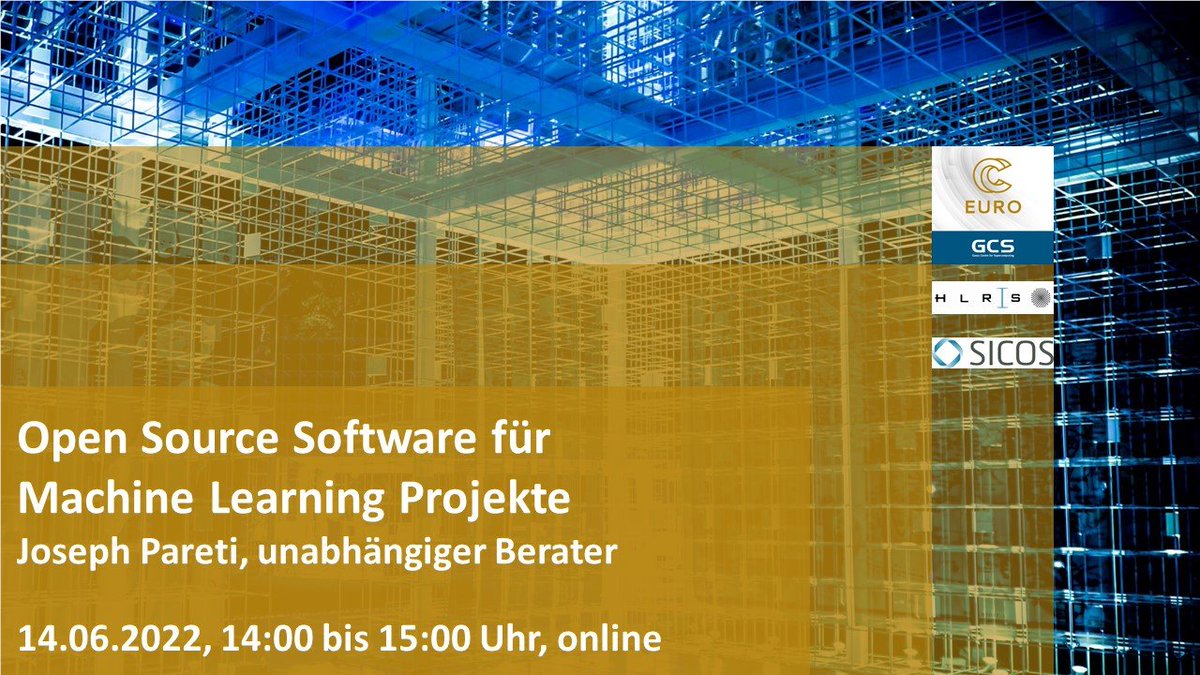 Heute um 14:00: unser #EuroCC Web-Seminar zu Open Source Software für Machine Learning Projekte mit Joseph Pareti 
Event-Link: 
meet.goto.com/SicosBW/web-se…
#opensourcesoftware #machinelearning #OSS #webseminar #joepareti #HLRS