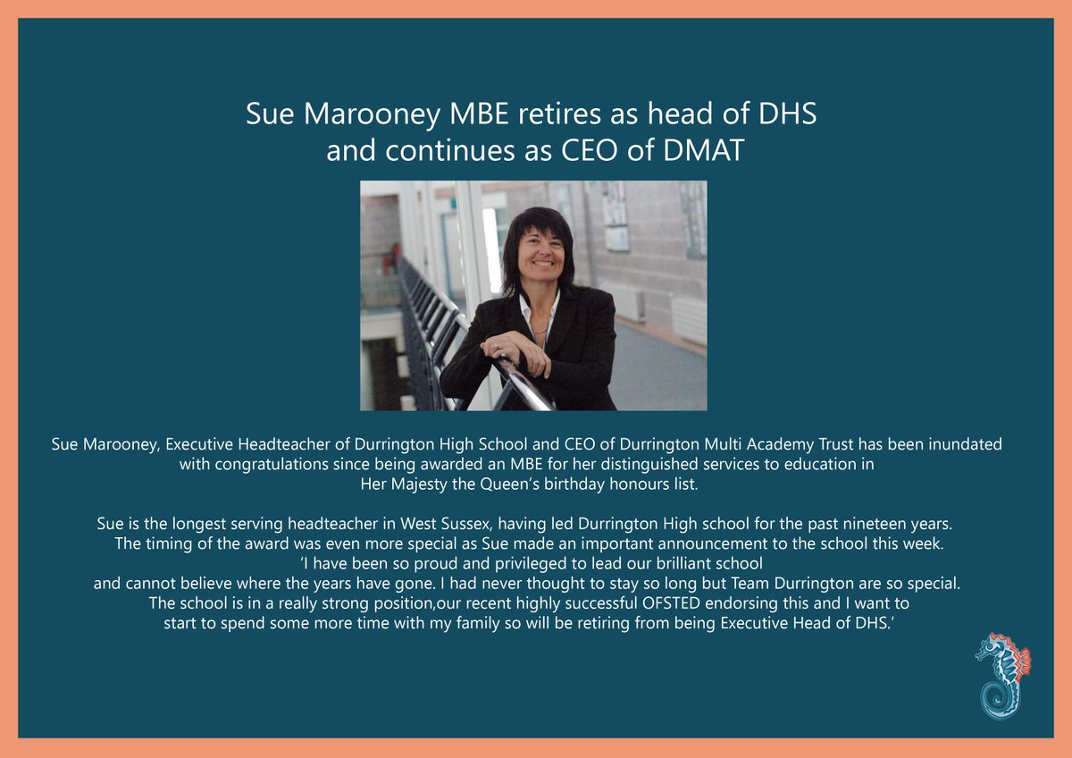 Sue Marooney MBE retires as head of DHS and continues as CEO of DMAT. 

durringtonhighschool.co.uk/2022/06/14/sue…