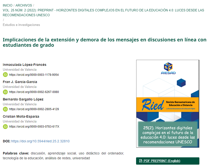 EducacionUNED's tweet photo. 🗣️ LA FACULTAD INVESTIGA 🧐 @GarciaFranJ y @Cristian_Molla, profesores recientemente incorporados a @EducacionUNED, coautores de "Implicaciones de la extensión y demora de los mensajes en discusiones en línea con estudiantes de grado" en @revistaRIED 💪👏 https://t.co/ZvtvuXmuhY https://t.co/PQTEEFH1pf