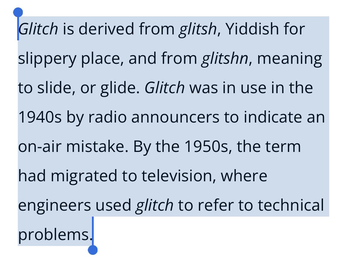 EmmaTolkin's tweet photo. V fun fact that I feel like not enough people know:

The word “glitch” comes from yiddish! https://t.co/roXfmwuvtJ