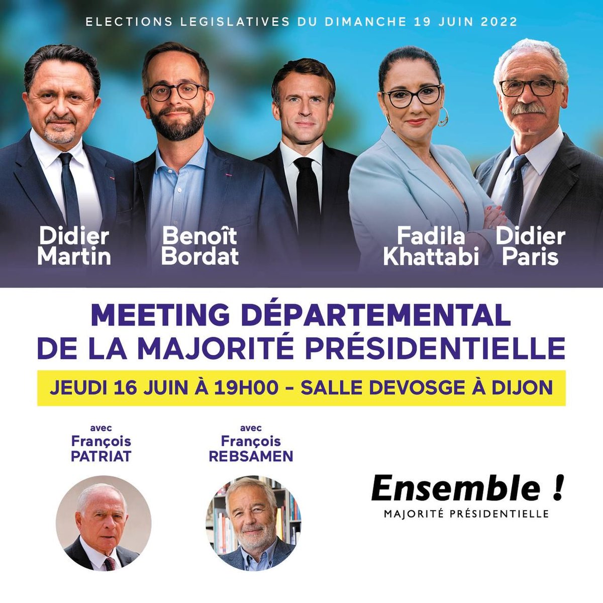 🔵 Rendez-vous #AvecVous et les candidats de la Majorité Présidentielle ce jeudi 16 juin à #Dijon pour notre grand meeting départemental #Cotedor de l'entre-deux-tours. 
#Ensemble #BarrageAuxExtremes #legislatives2022
