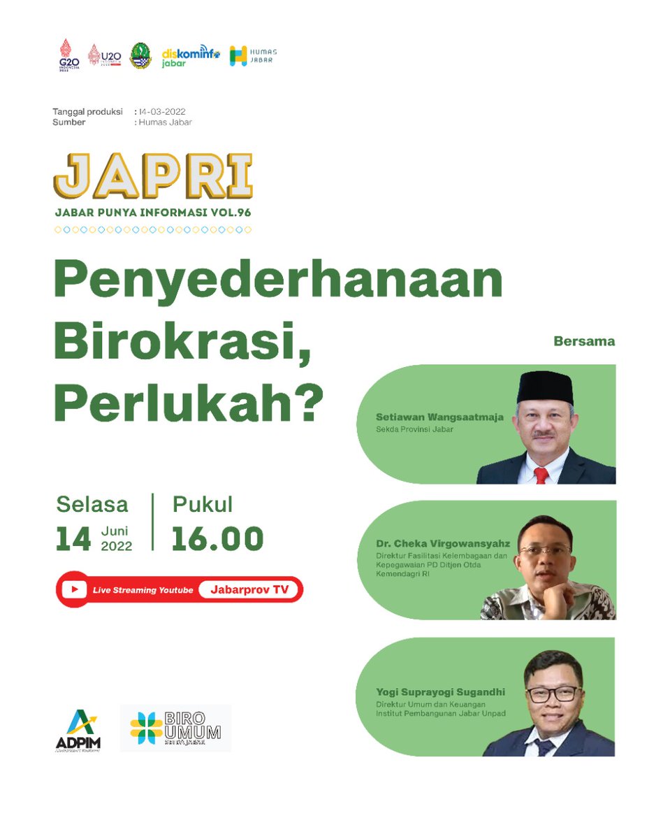 humasjabar's tweet photo. Saksikan JAPRI tentang "Penyederhanaan Birokrasi, Perlukah?" ✨
Hari ini, di jam 16.00-17.00 WIB. Akan disiarkan secara langsung di YouTube Jabarprov TV yaaa 😉
@ridwankamil @SWangsaatmaja @biroadpimjabar @biro_umumjabar
#JabarJuara #JabarJuaraLahirBatin #RidwanKamil #JAPRI https://t.co/M54jV66EKF