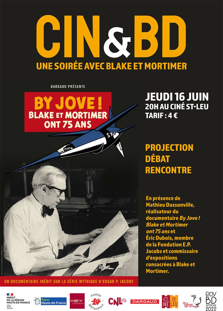centaurclub's tweet photo. Projection du documentaire réalisé par @EditionsDargaud "By Jove! #Blakeeetmortimer ont 75 ans"  au ciné St-Leu le jeudi 16/06/2022 à 20h.

@RDVBDAmiens 

https://t.co/AinVMmRfZo https://t.co/1rGuvOIsFn
