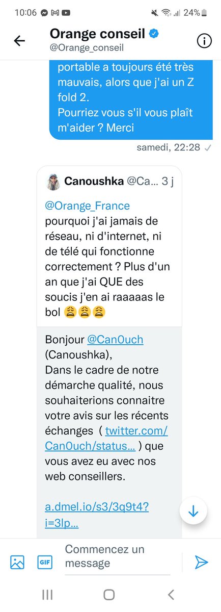 Can0uch's tweet photo. @Orange_conseil @Orange_France pardon mais est-ce une plaisanterie ? Personne ne m'apporte de réponse ?! Et on m'envoie un sondage de satisfaction ??? Vous commencez à me pomper l'air, ça a bien changer Orange ! 👎🏼👎🏼👎🏼👎🏼 https://t.co/ATOLfK9Egp