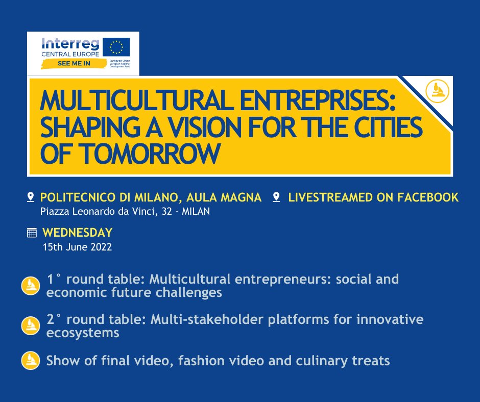 Manca poco all'evento conclusivo di #SEEMEINproject
🫱🏼‍🫲🏽Progetto @interregce che ha dimostrato come l'incontro tra culture può arricchire l'economia di nuova imprenditorialità e creatività. 
➡️ Iscriviti qui bit.ly/3xqvw1d o segui la live su bit.ly/39pUpAI