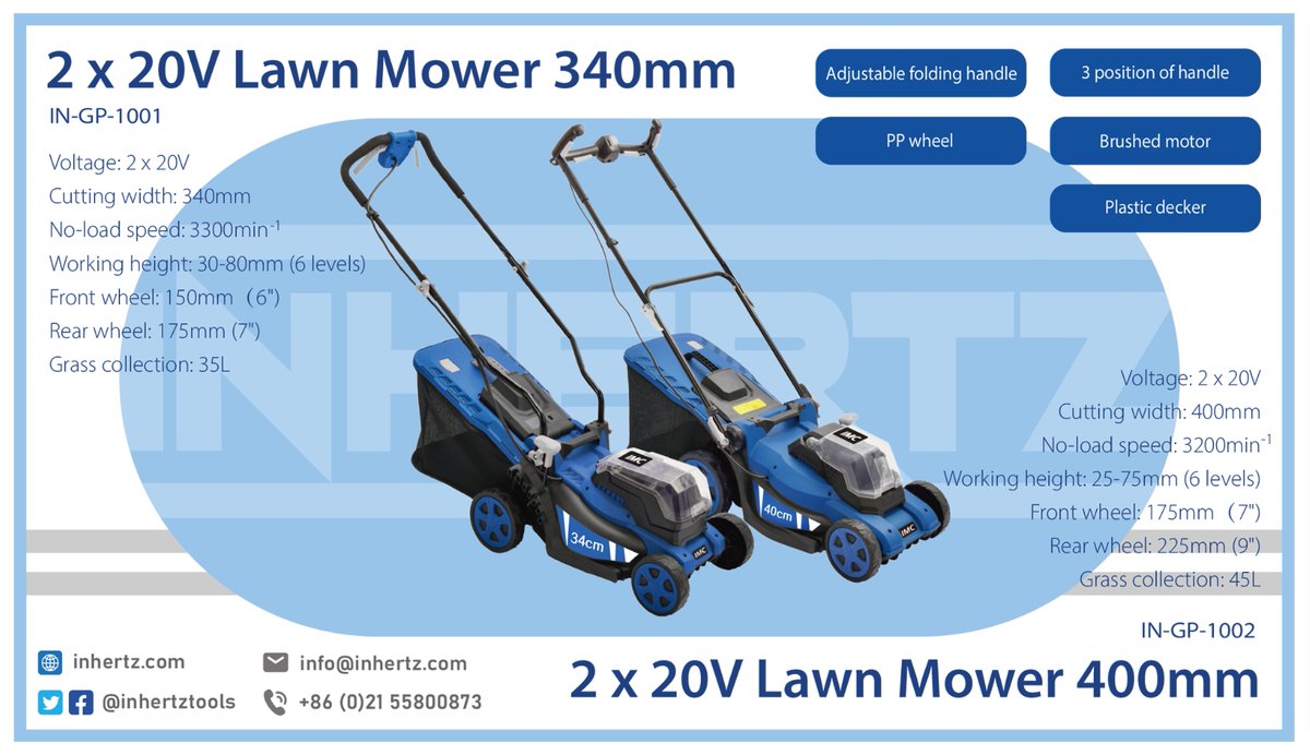 InhertzTools's tweet image. Yard work doesn&apos;t have to be hard work!
See our 2 x 20V cordless Lawn Mower for 340mm and 400mm.
🌟Light weight, powerful, longer life, low noize and highest in class performance. 
🌟Easily adjust grass cutting height. Easy to manoeuvre.
🌟Comfortable mowing with maximum control.