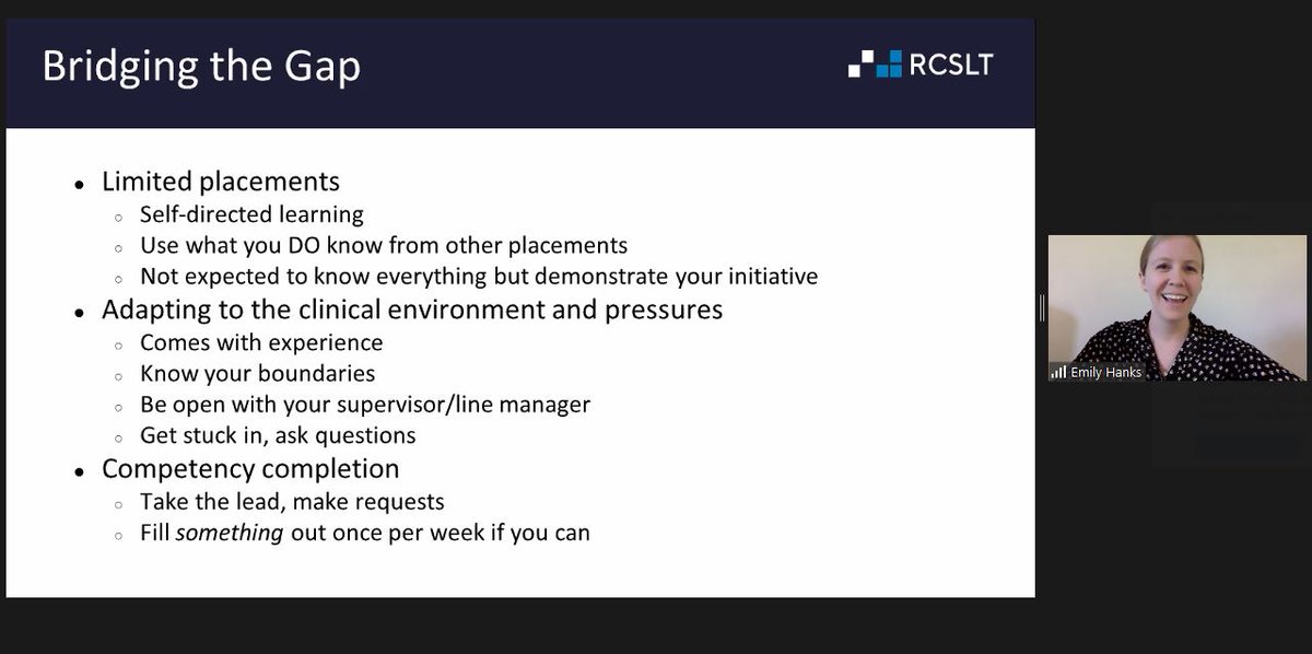 <a href="/EmilyHanksSLT/">Emily Hanks</a> kicks us off by sharing her tips on bridging the gap at band 5. 
It's about being proactive in your networking and your learning and taking hold of the opportunities that come your way.
#NQPworkshop <a href="/RCSLT/">RCSLT 💙</a> #NQPs