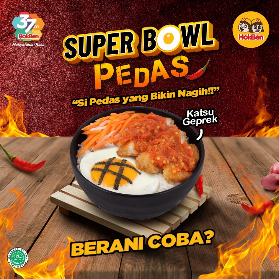 HokBen's tweet photo. Friends, seberapa berani sih kamu makan Super Bowl menu Paling Pedas dari HokBen!
Pilihan Chicken Katsu Geprek ini, bikin mata melek! Berani Coba?

Tag juga temen kamu yang suka pedas ya!

#SuperBowlPedas #SambalGeprek #SambalMatah #MenuPedas #Japanesefood #Halal https://t.co/JISVKXd28r