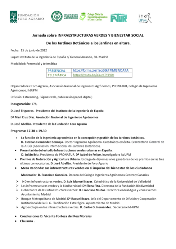 ANIAagronomos's tweet photo. #Jornada 'Infraestructuras verdes y bienestar social. De los jardines botánicos a los jardines en altura' || @Foro_Agrario, @agronomoscentro, PRONATUR, @itdupm

🗓️ 15 de junio 
📍 Presencial: @Ingenieria_Esp 
💻 Online: https://t.co/2EmALiLQiZ 

➡ https://t.co/ytJ0UYyPeI https://t.co/MdJQAY1Upz