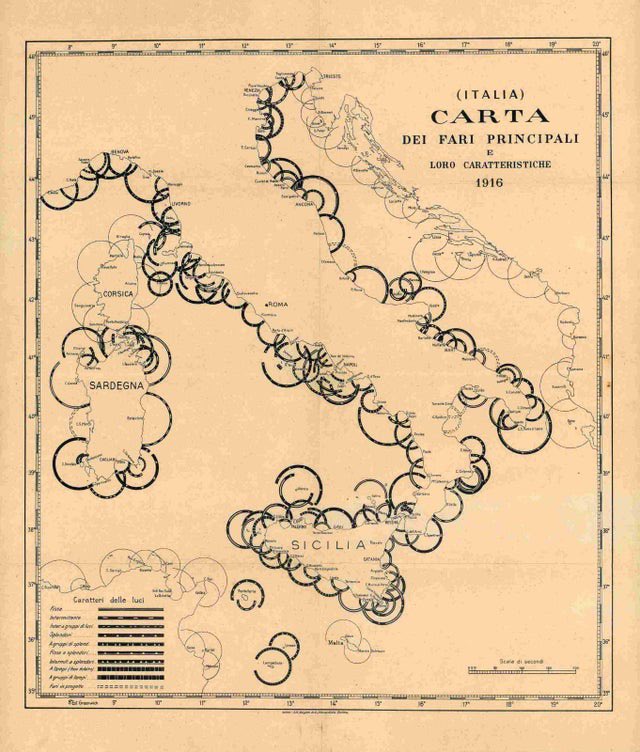 La beauté de cette carte italienne de 1916 ; elle représente la portée des phares sur les côtes italiennes. reddit.com/r/MapPorn/comm…