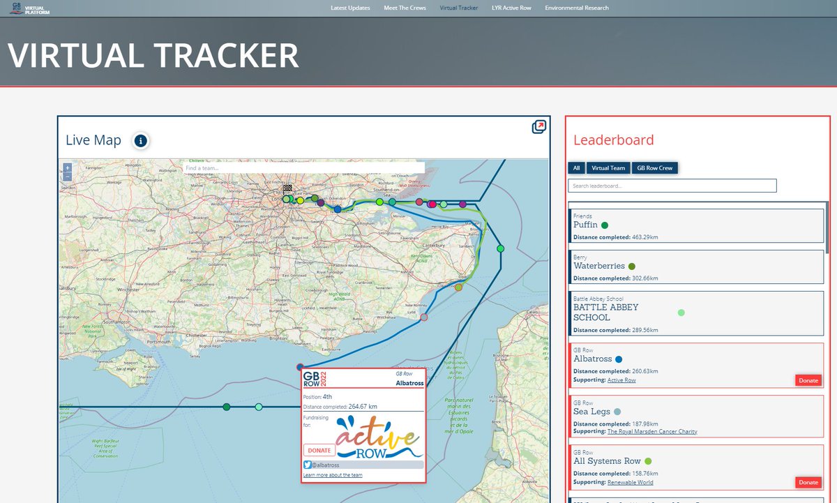 LYRowing's tweet photo. The #GBRowChallenge22 Virtual Teams are well and truly up and running - current leaders Team Puffin have clocked up an amazing 463km, with Team Waterberries and Battle Abbey School close behind. Spend your day "dot watching" and sign up to take part at https://t.co/bAb5zbYdWn https://t.co/iHqUDCfUZ5