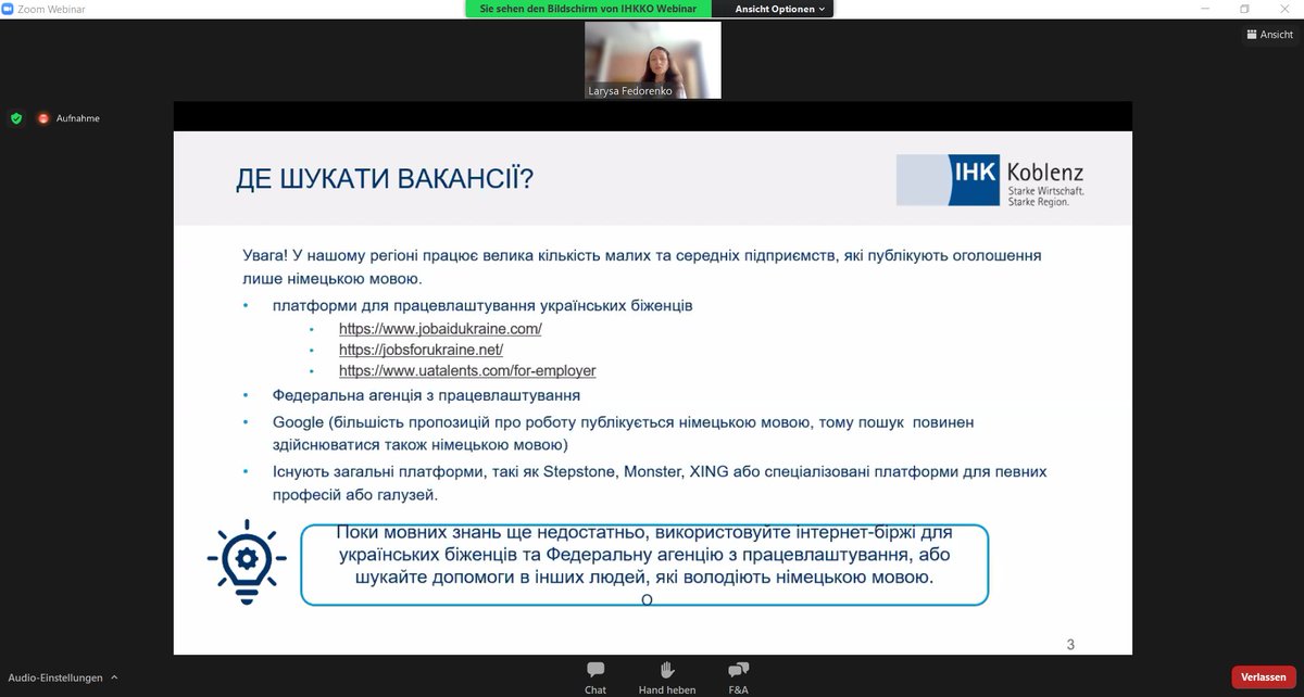SMesletzky's tweet photo. Gerade läuft unser erstes #IHK- Webinar für 🇺🇦UkrainerInnen, die in #RLP arbeiten möchten - mit fast 90 Teilnehmern! Thema: Bewerben und arbeiten in Deutschland 🏭💪. Das nächste Webinar findet am 23. Juni statt - teilen erwünscht! 
👉https://t.co/t9ruLvkPJy
#WelcomeCenterRLP https://t.co/AVDKVA7BOI