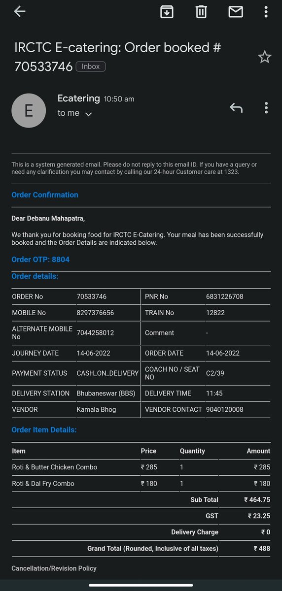 debmatra's tweet photo. PNR 6831226708 even after putting order restaurant didn't come to deliver. What kind of service irctc is offering?? Called them multiple times, no onr picked up😡@RailMinIndia @AshwiniVaishnaw https://t.co/UvKETEllpx