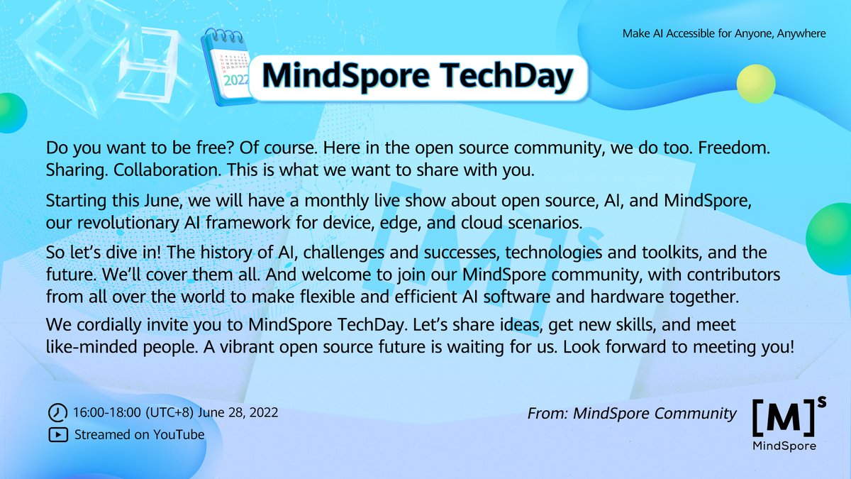 MindSporeOSS's tweet photo. ⏲️June 28 - #MindSporeTechDay.
🙌Invited: you, AI, new ideas.
👉Register here to #OpenSourceTogether! https://t.co/cYDbdWUIcP https://t.co/tMfPJ9z6xO