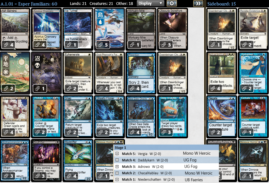 Heisen011's tweet photo. Esper Familiar for a perfect 5-0! 
Nice and clean, as Dinrova are ❤
Lately recording for the YT channel got me good luck.

#mtgpauper #mtg #magicthegathering https://t.co/Rlp0kXCS6l