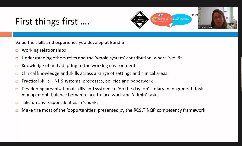 <a href="/RCSLT/">RCSLT 💙</a> #NQPworkshop #NQPs

We are on to Emma Jordan who is talking us through the transition from band 5 to 6. 

To start - value the skills and experience you develop at band 5.