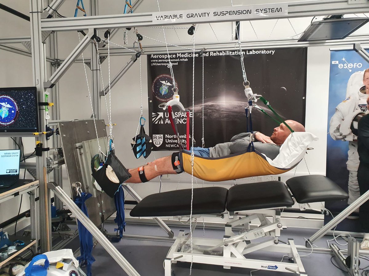 Had fun in the lab yesterday hosting a visit from @spaceman_pete from @KCLAerospaceMed, with @Tarazed133 pilot testing #VGSS as we continue to refine the system, using @Xsens to measure 3D movement in simulated μg and Lunar-g 🧑🏻‍🚀🚀🌖 @UKSpaceLABS @NUSportEx @NUaerospacemed