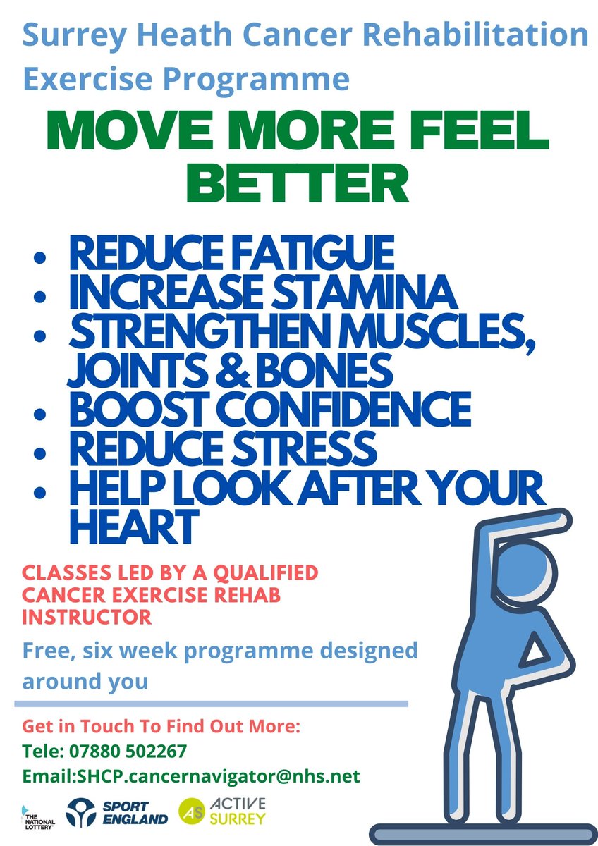 Surrey Heath Macmillan Community Cancer Navigator (@talkcancersh) on Twitter photo #MoveMoreFeelBetterSurreyHeath starts 30 Jun. FREE to attend, virtual exercise prog designed specifically for people affected by #Cancer. A great post treatment boost! Ask me for more info
<a href="/Frimley_CCG/">NHS Frimley CCG</a> <a href="/SurreySussexCA/">Surrey and Sussex Cancer Alliance</a> @SurreyInfoPoint <a href="/UGRSurgery/">UGR Surgery</a> #MoveMoreFeelBetterSurreyHeath starts 30 Jun. FREE to attend, virtual exercise prog designed specifically for people affected by #Cancer. A great post treatment boost! Ask me for more info
<a href="/Frimley_CCG/">NHS Frimley CCG</a> <a href="/SurreySussexCA/">Surrey and Sussex Cancer Alliance</a> @SurreyInfoPoint <a href="/UGRSurgery/">UGR Surgery</a>